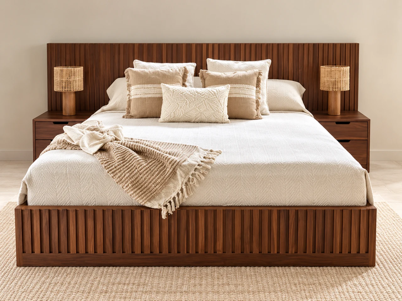 Cama Palermo: Detalles acanalados y mesas de noche que acompañan el diseño.