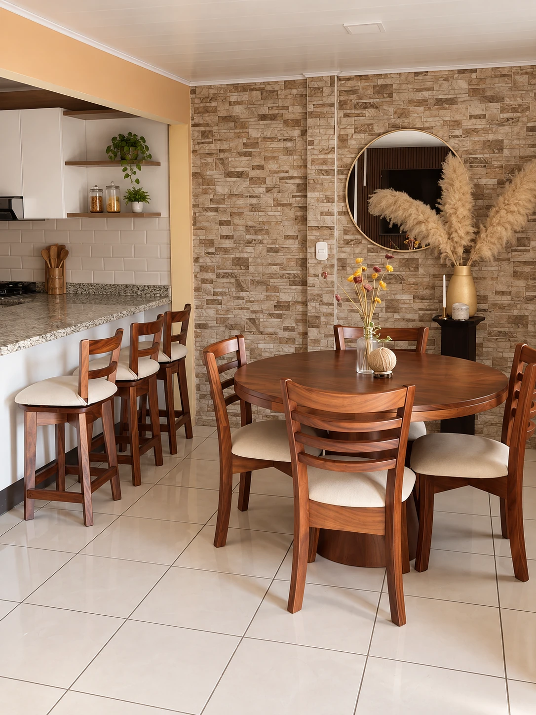 Comedor redondo de madera con sillas de respaldo horizontal y bancos a juego junto a la barra