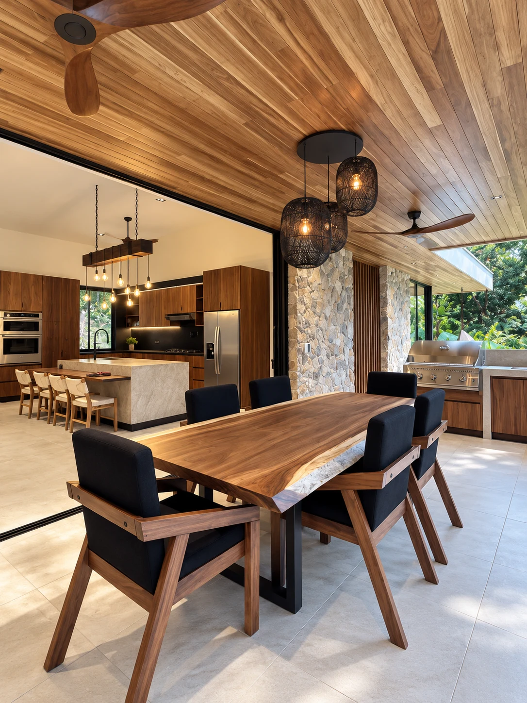 Comedor de madera con sillas tapizadas oscuras en un interior tropical