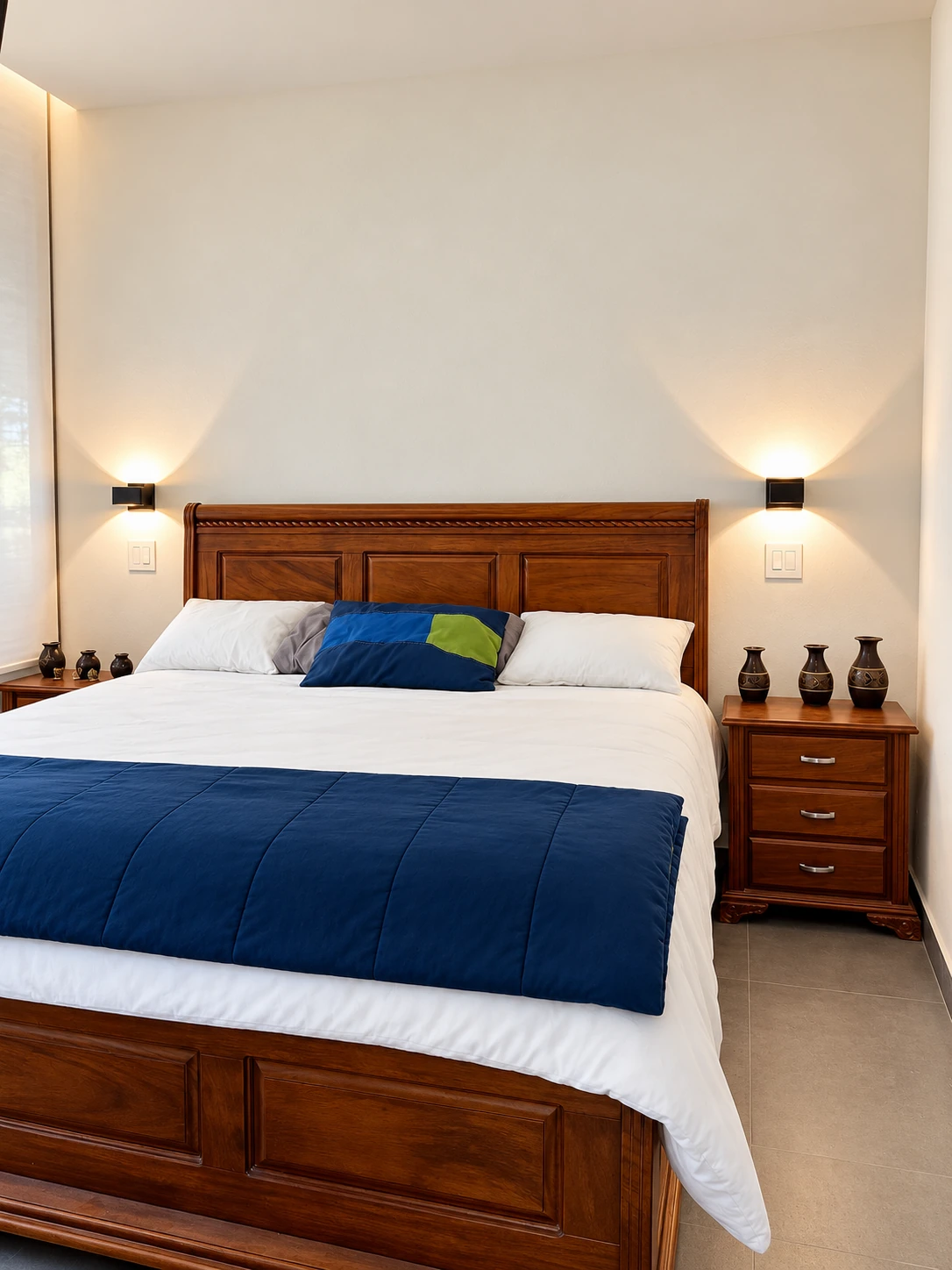 Dormitorio clásico con cama de madera y ropa de cama blanca y azul