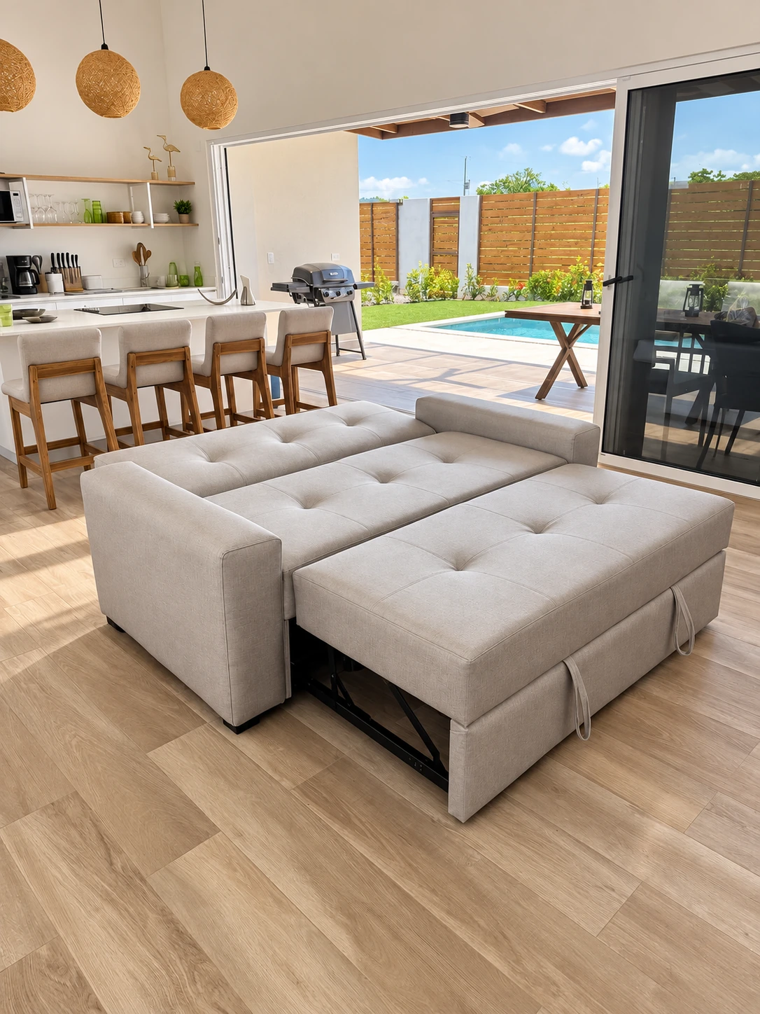 Sofá cama claro desplegado en una sala luminosa