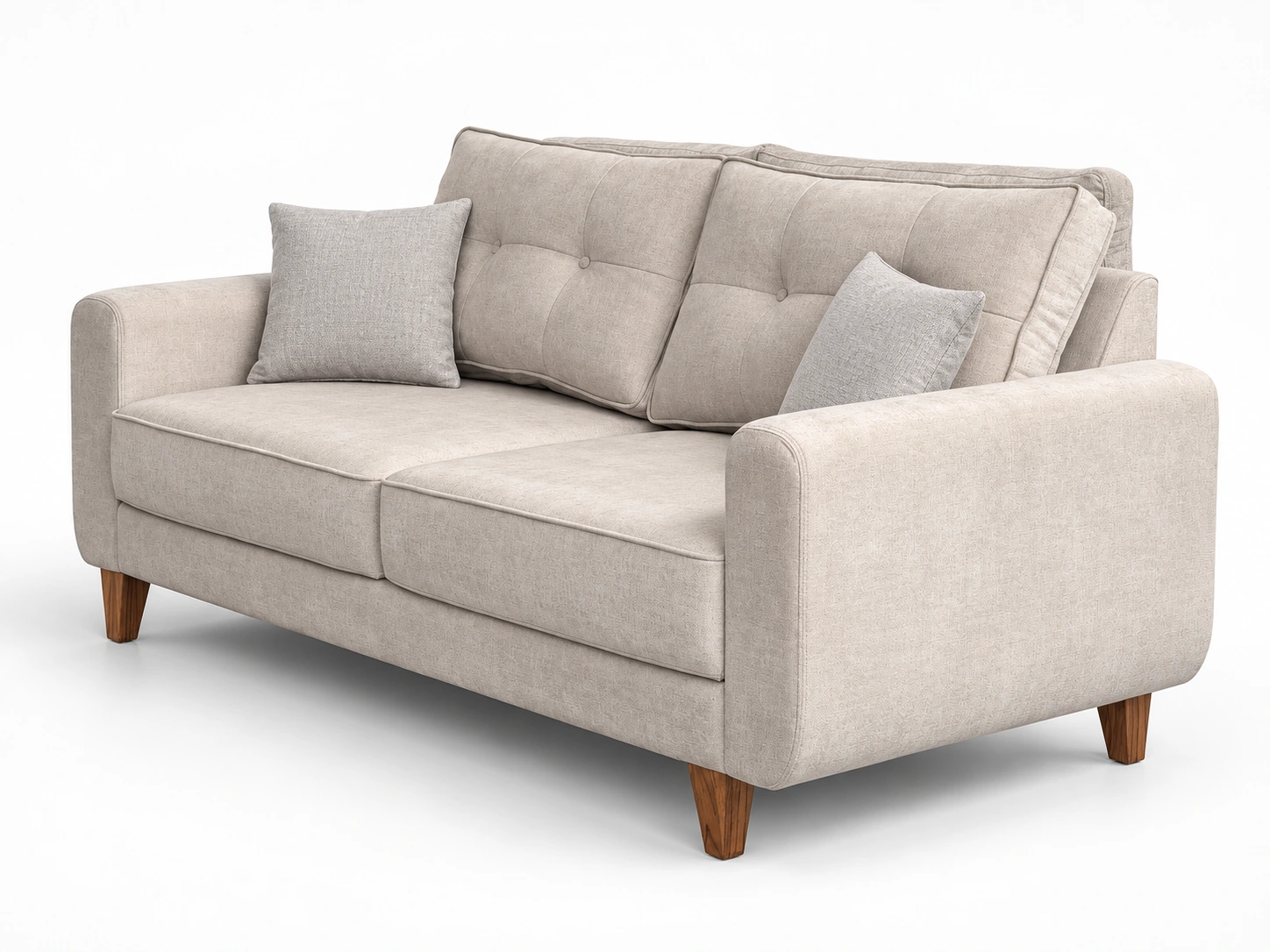 Ilustración del Sillón Dakota de dos asientos, con dos almohadones y patas de madera, preparada con IA